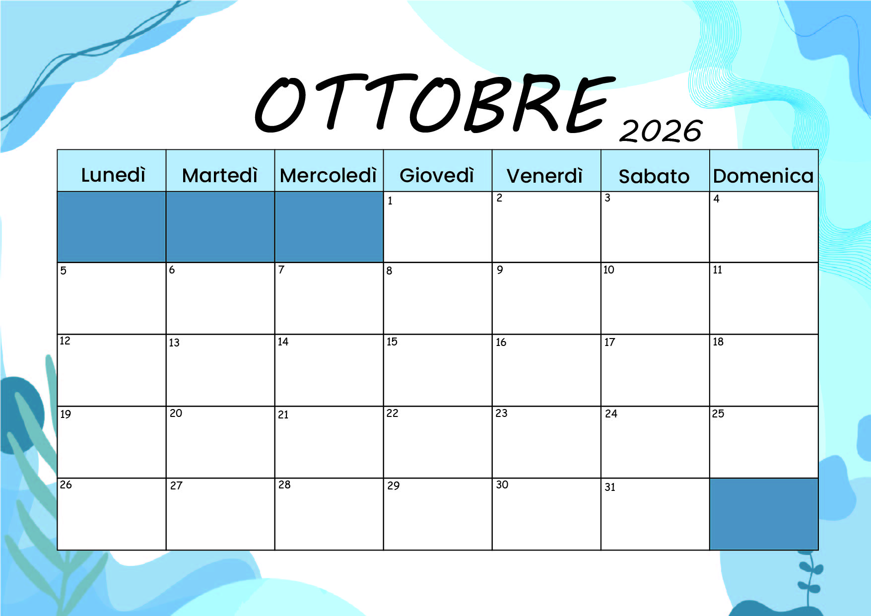 Calendario Ottobre 2026 da stampare