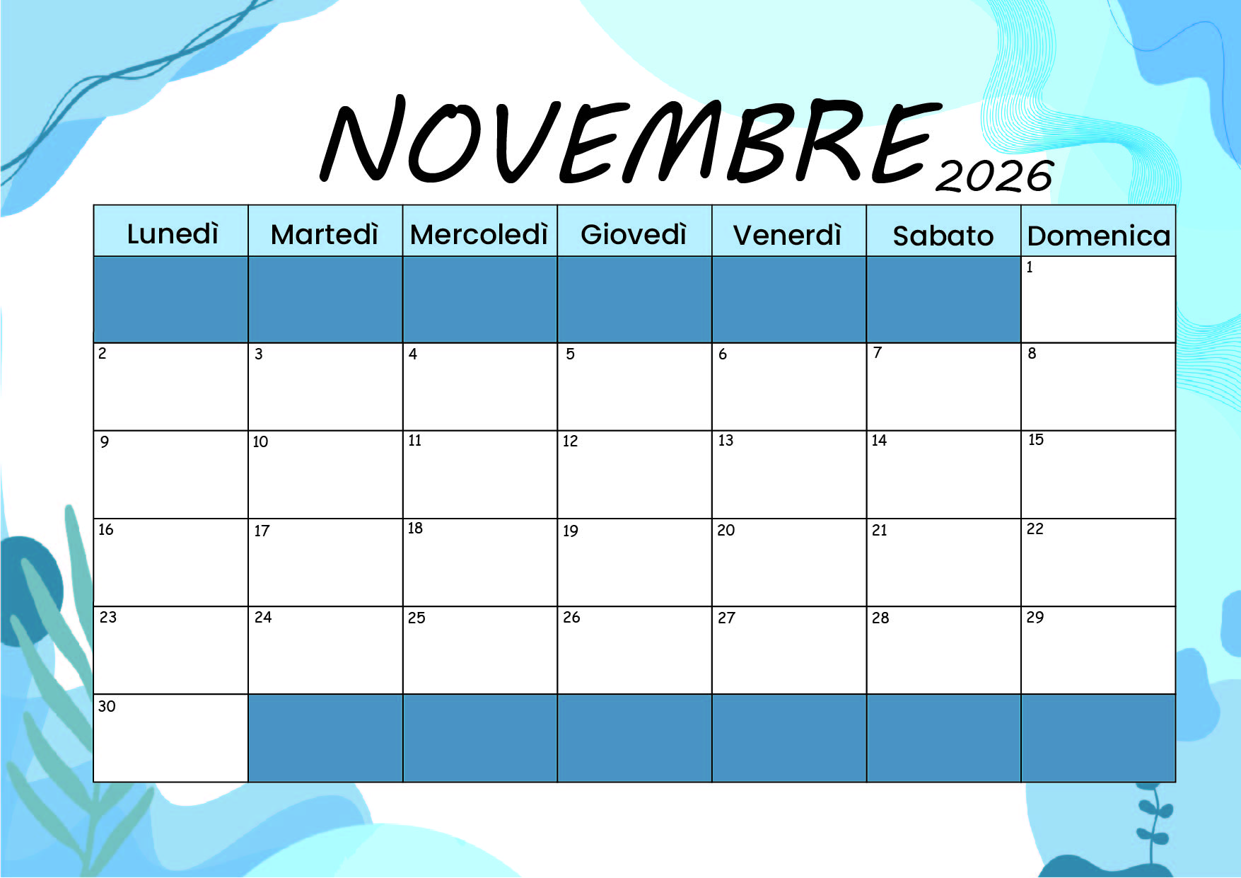 Calendario di Novembre 2026 da stampare in PDF