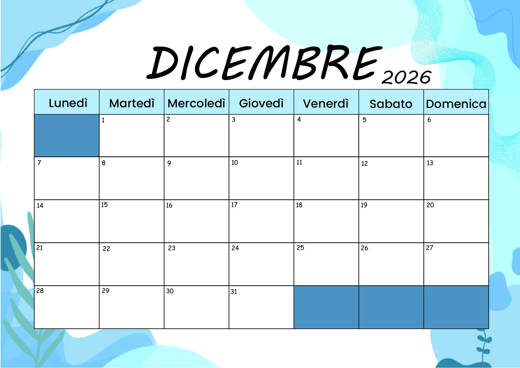 Calendario Dicembre 2026 da stampare