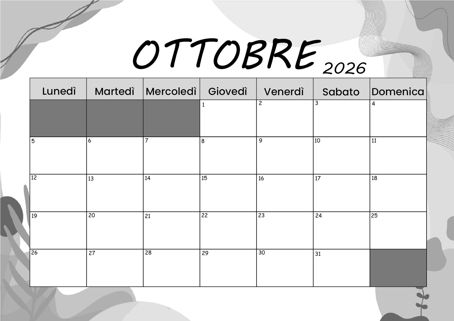 Calendario Ottobre 2026 da stampare