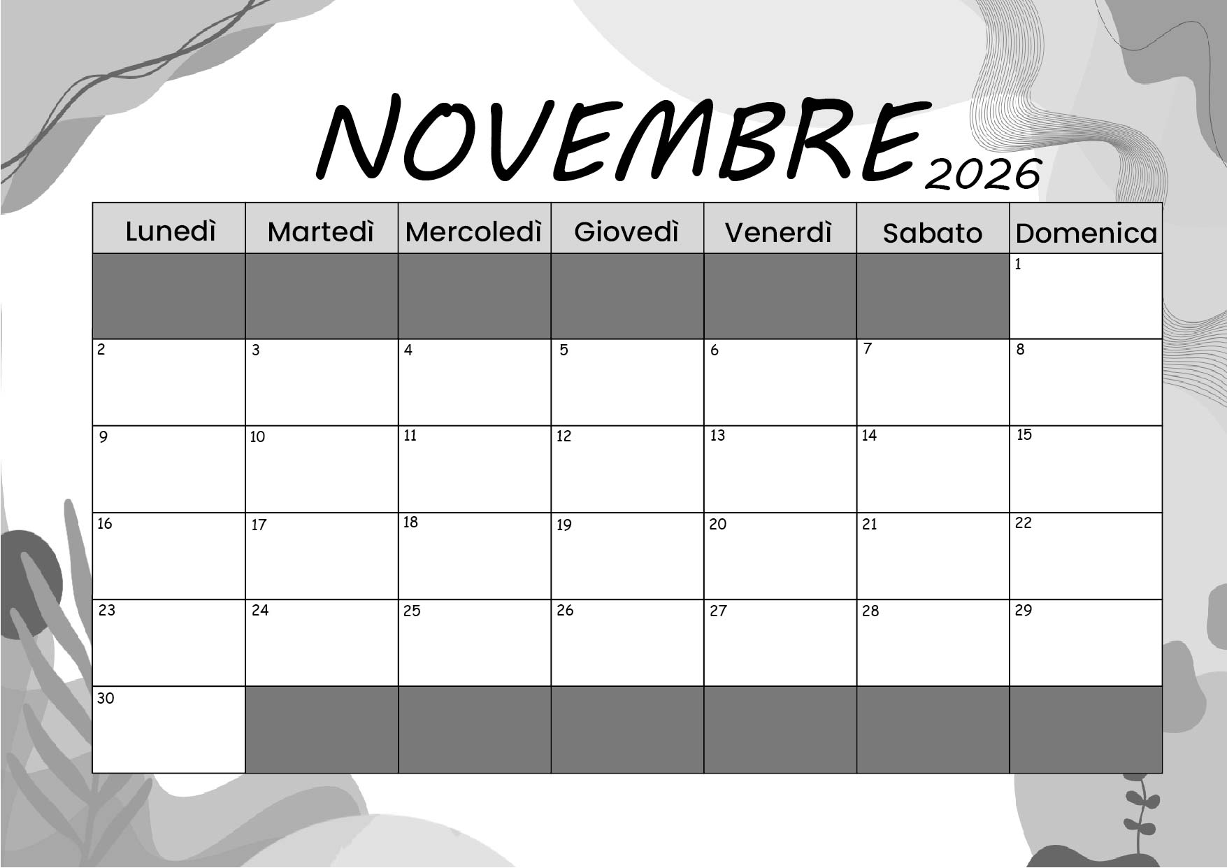 Calendario di Novembre 2026 da stampare in PDF