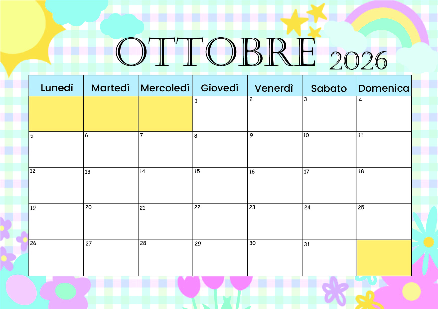 Calendario Ottobre 2026 da stampare
