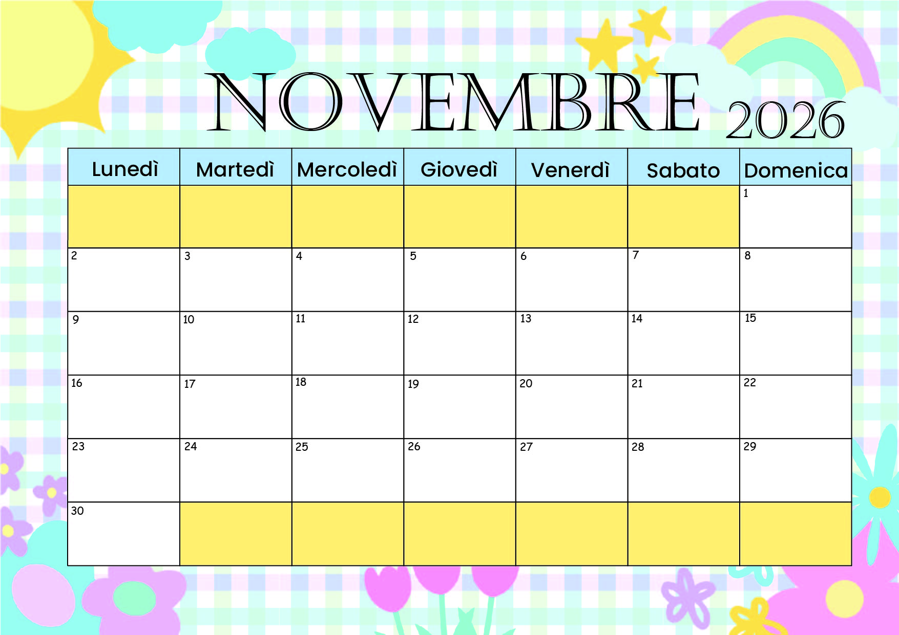 Calendario di Novembre 2026 da stampare in PDF
