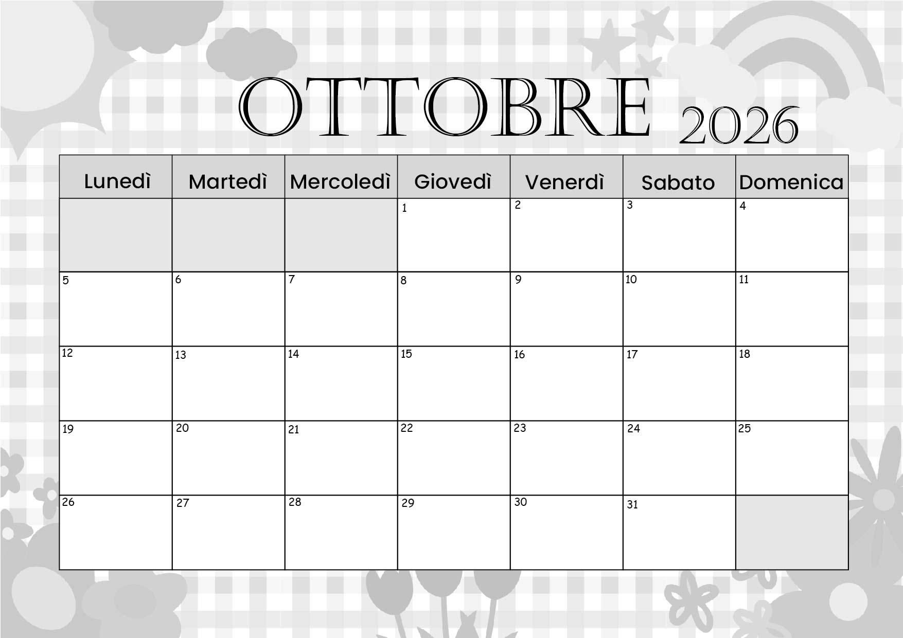 Calendario Ottobre 2026 da stampare