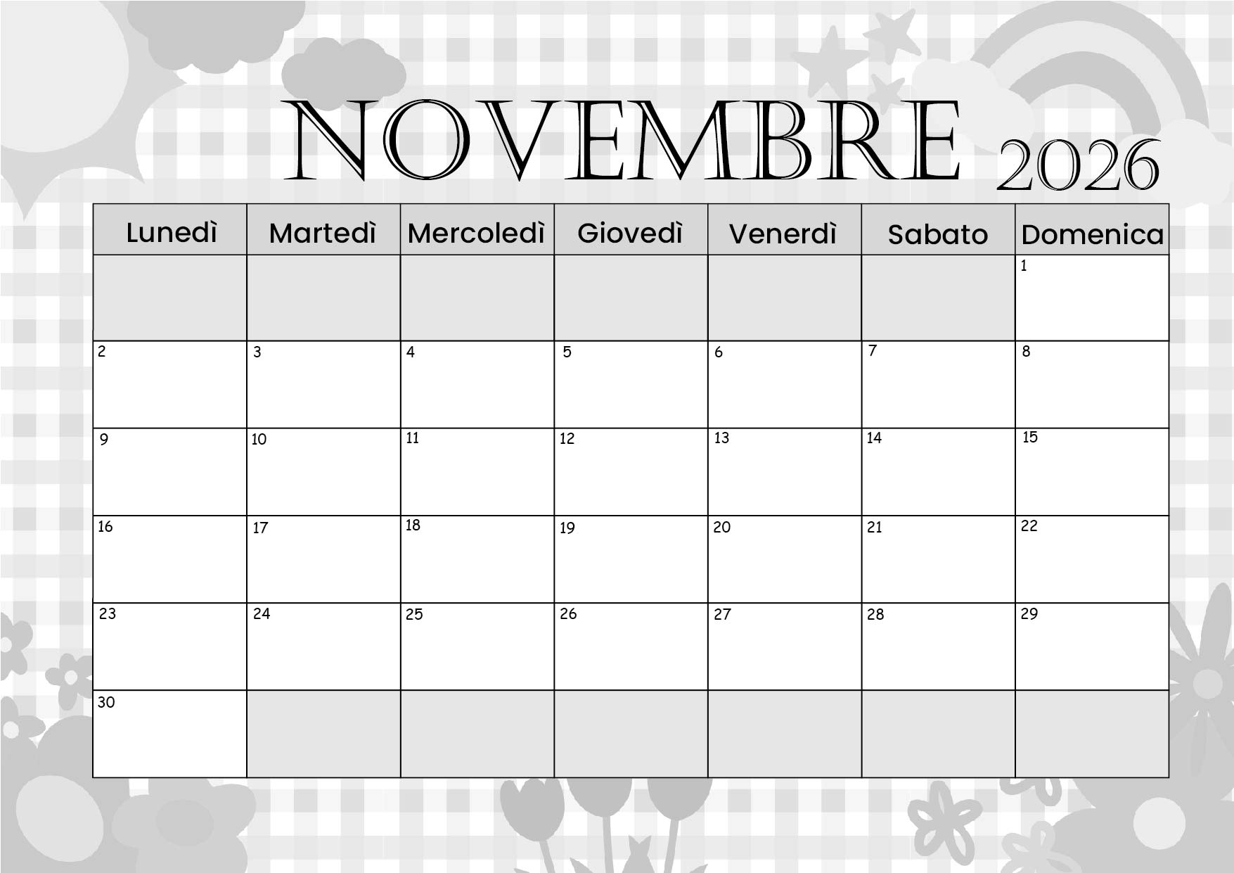 Calendario di Novembre 2026 da stampare in PDF