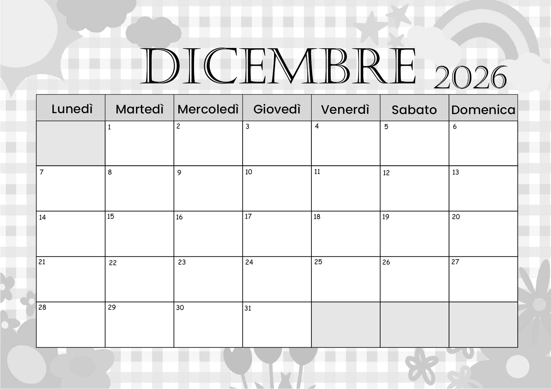 Calendario Dicembre 2026 da stampare