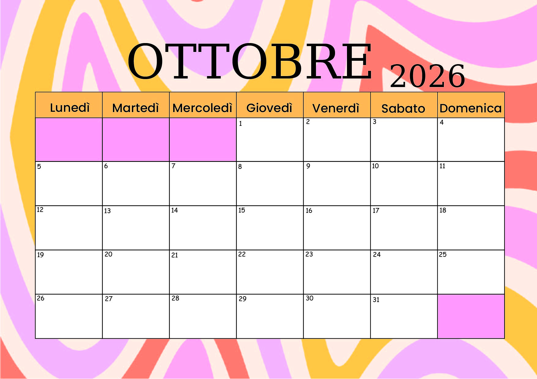 Calendario Ottobre 2026 da stampare