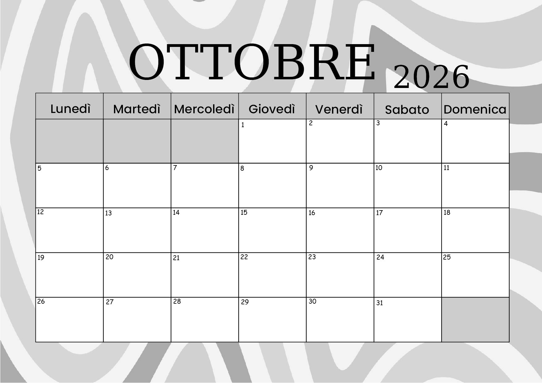 Calendario Ottobre 2026 da stampare