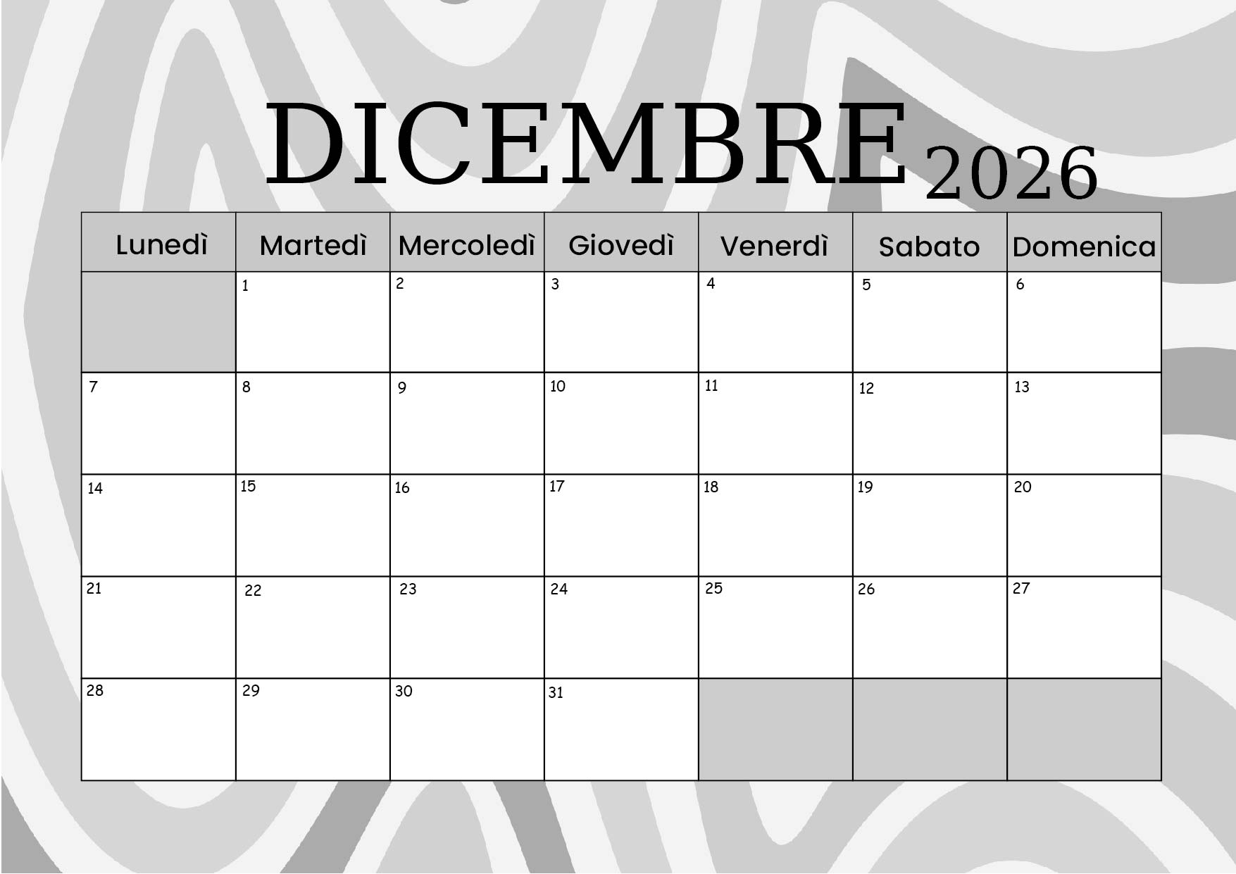 Calendario Dicembre 2026 da stampare