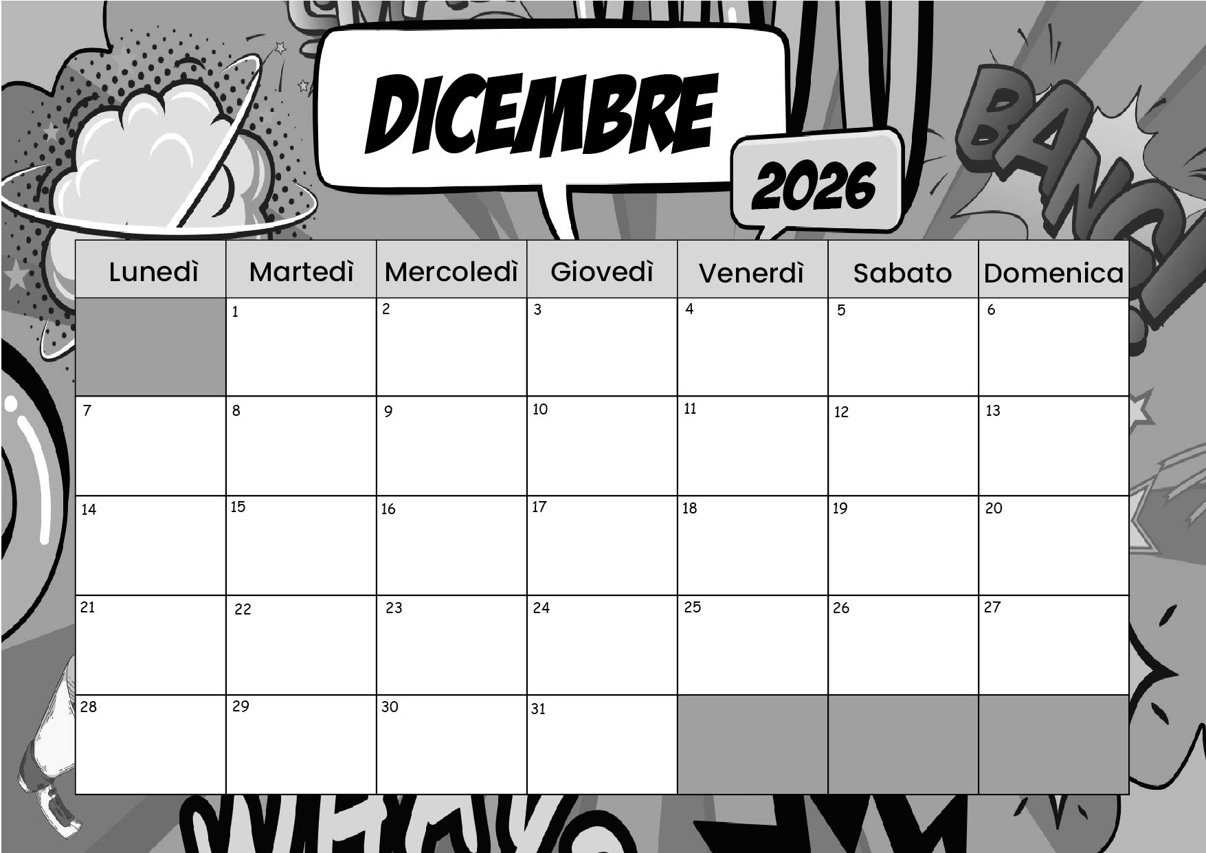 Calendario Dicembre 2026 da stampare