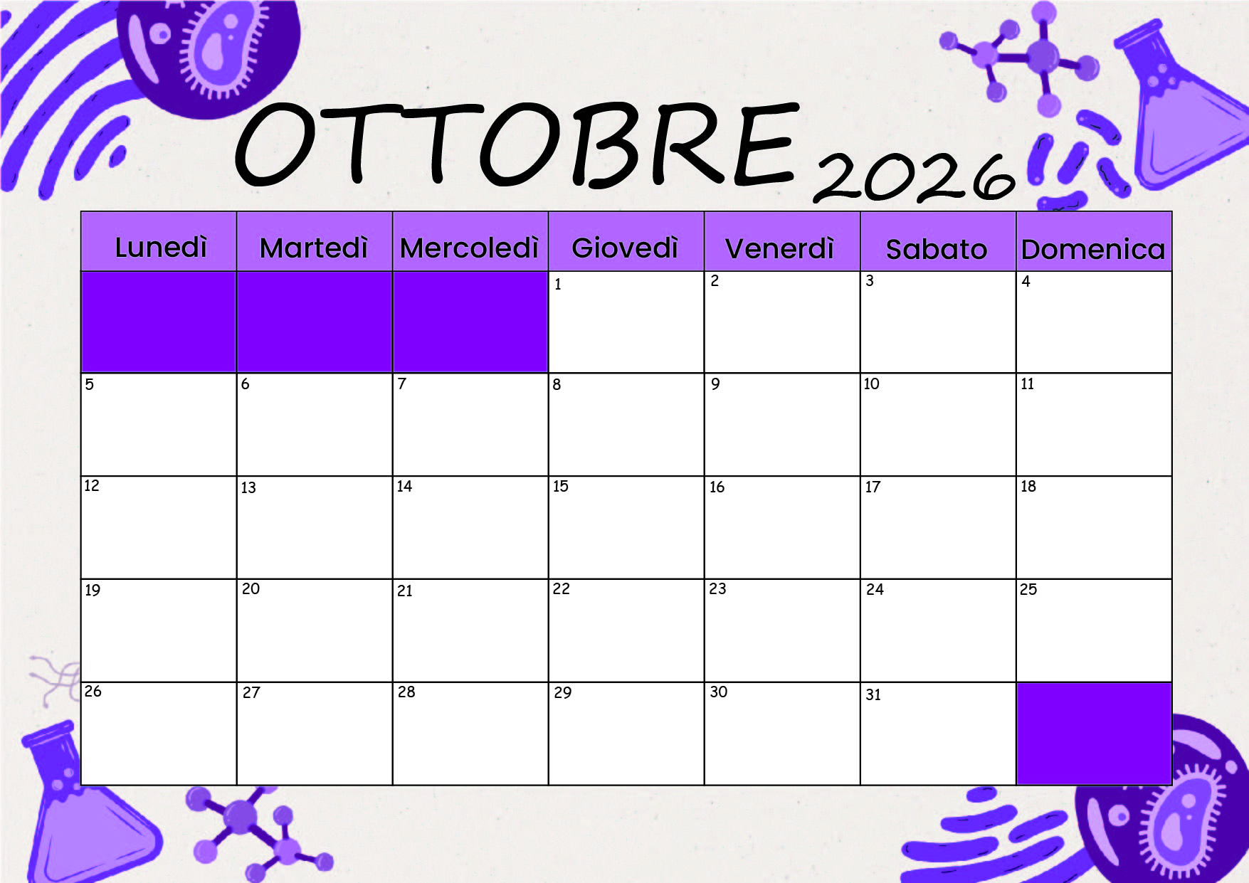 Calendario Ottobre 2026 da stampare