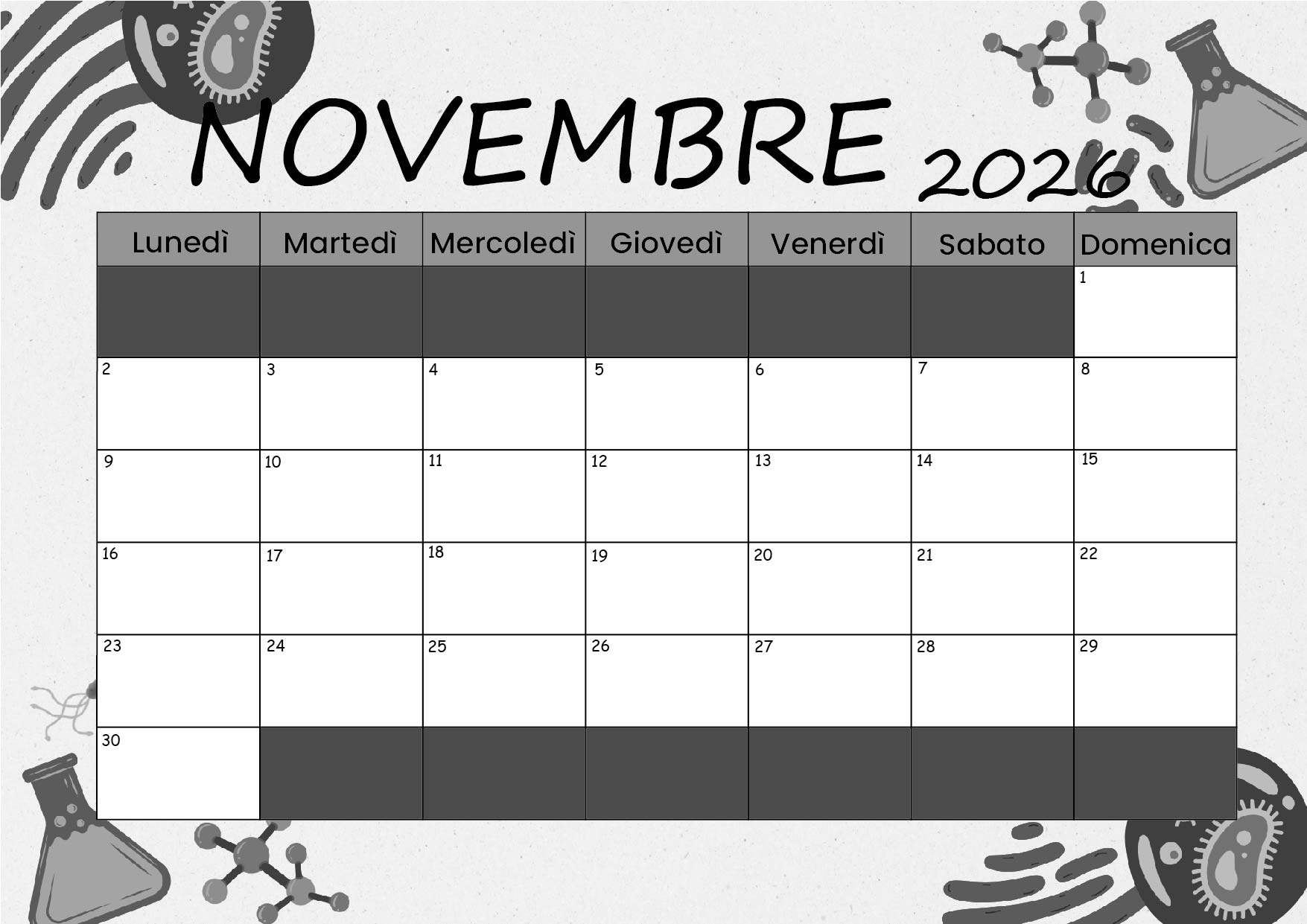 Calendario di Novembre 2026 da stampare in PDF