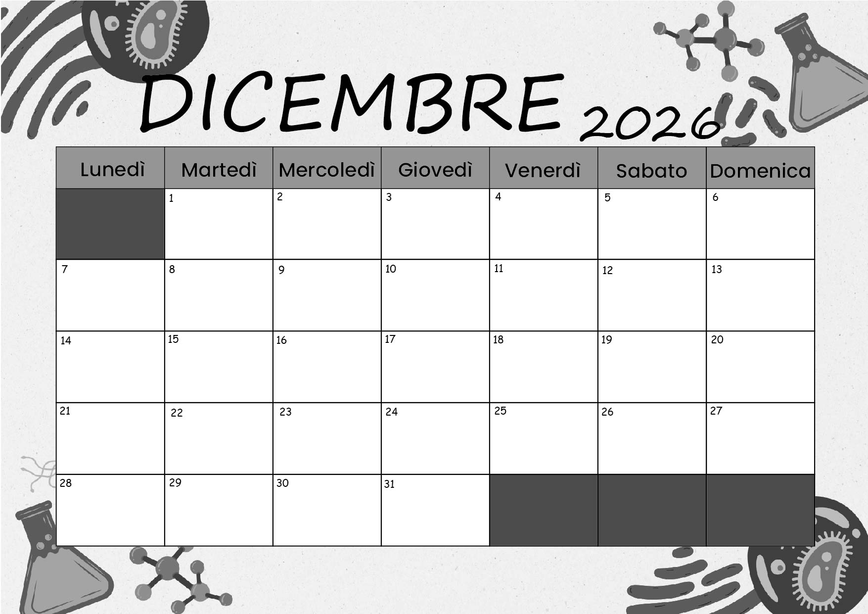 Calendario Dicembre 2026 da stampare