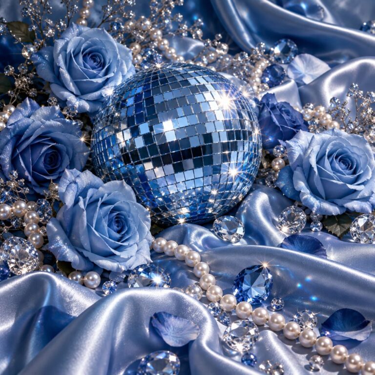 Fondo de pantalla aesthetic azul bola disco rosas