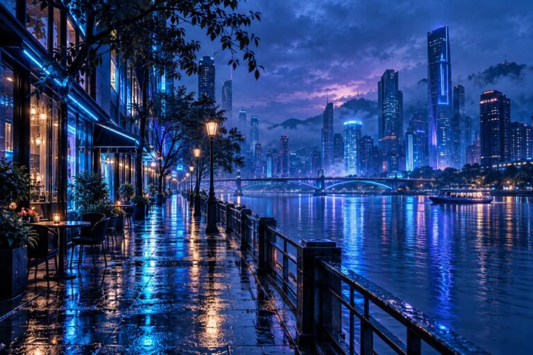 Fondo de pantalla aesthetic azul ciudad neon lluvia