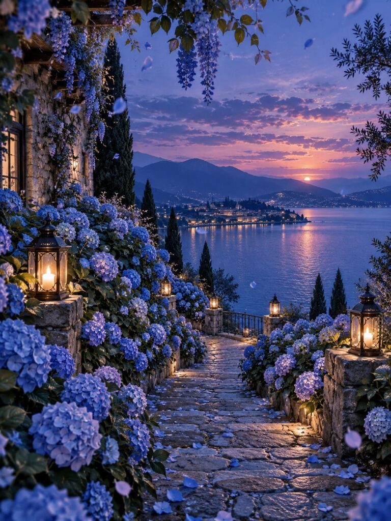 Fondo de pantalla aesthetic azul hortensias lago