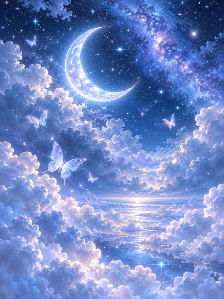 Fondo de pantalla aesthetic azul luna mariposas