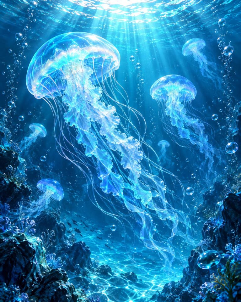 Fondo de pantalla aesthetic azul medusas luminosas