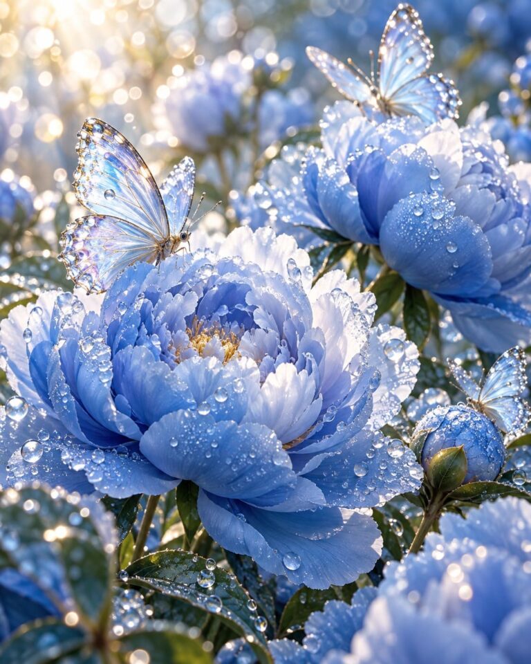 Fondo de pantalla aesthetic azul peonias mariposas