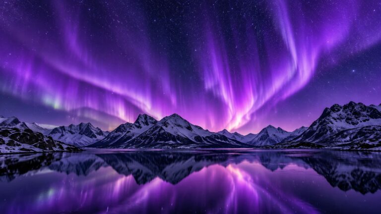 Fondo de pantalla aesthetic morado aurora sobre lago alpino