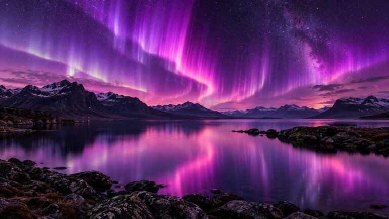 Fondo de pantalla aesthetic morado aurora violeta lago