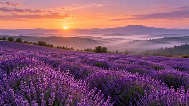 Fondo de pantalla aesthetic morado campo de lavanda al amanecer