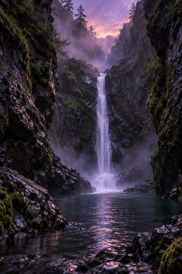 Fondo de pantalla aesthetic morado cascada bruma lila