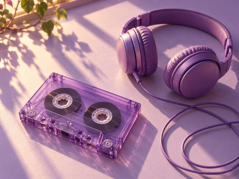 Fondo de pantalla aesthetic morado casete y auriculares retro