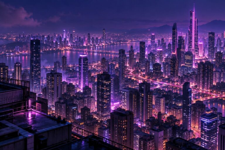 Fondo de pantalla aesthetic morado ciudad luces violetas
