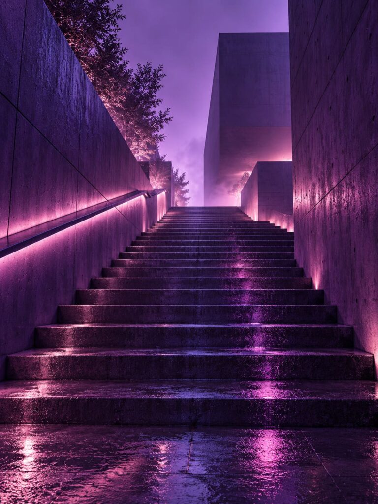 Fondo de pantalla aesthetic morado escalinata bajo la lluvia