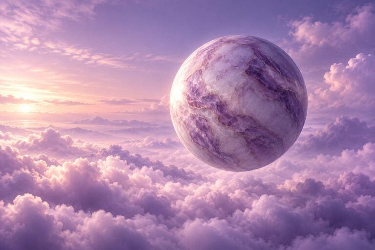 Fondo de pantalla aesthetic morado esfera de marmol entre nubes