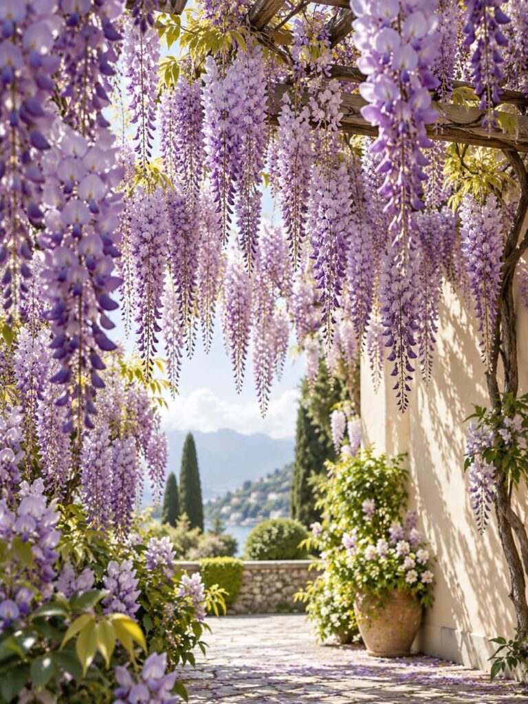 Fondo de pantalla aesthetic morado glicinas en pergola