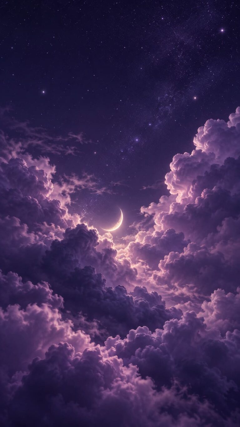 Fondo de pantalla aesthetic morado luna entre nubes lilas