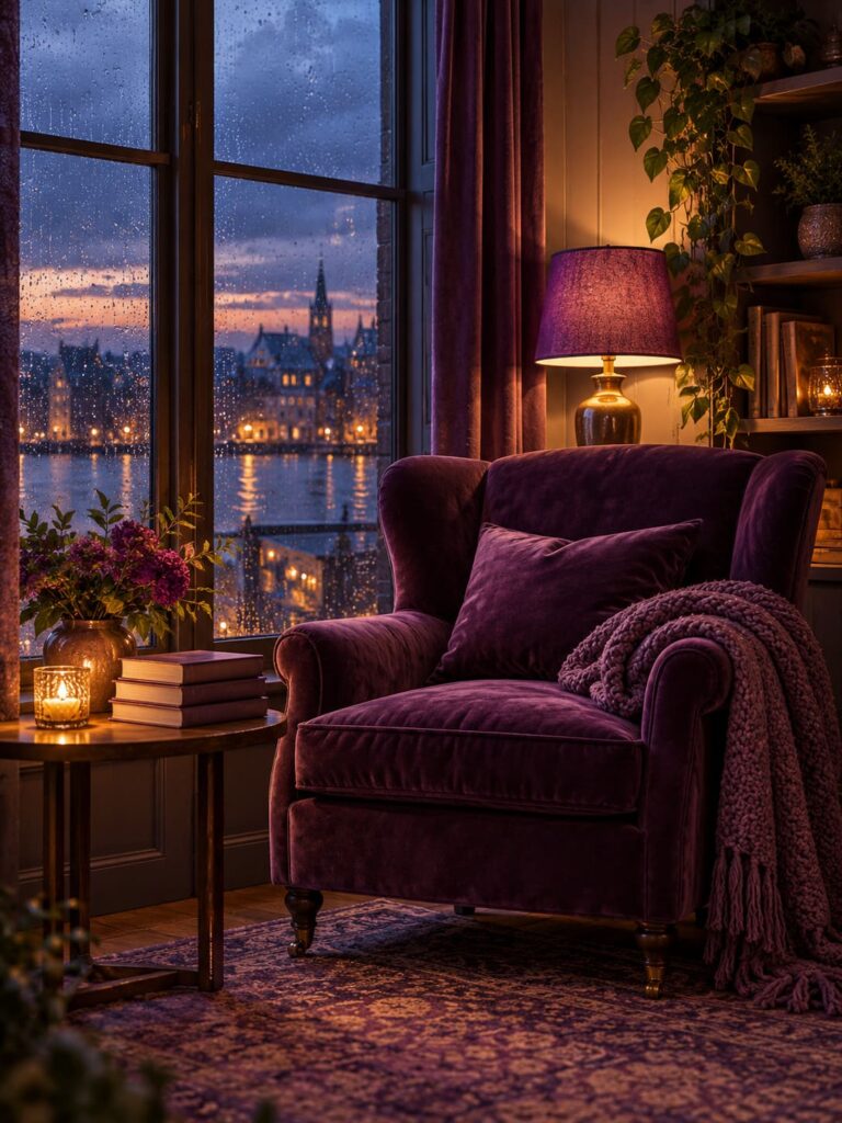 Fondo de pantalla aesthetic morado rincon de lectura lluvioso