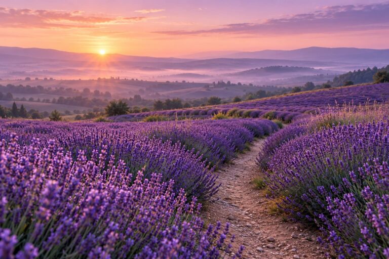 Fondo de pantalla aesthetic morado sendero campo lavanda