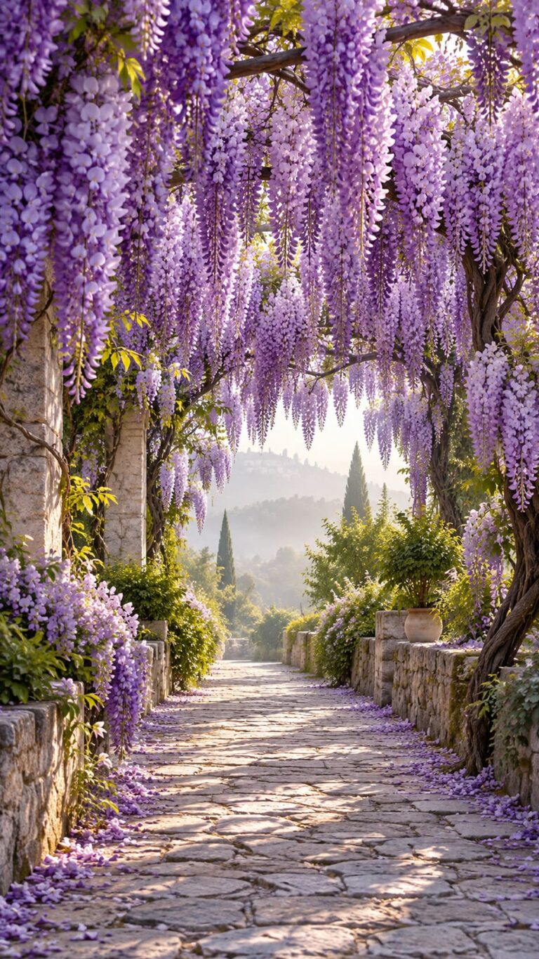 Fondo de pantalla aesthetic morado tunel de glicinas