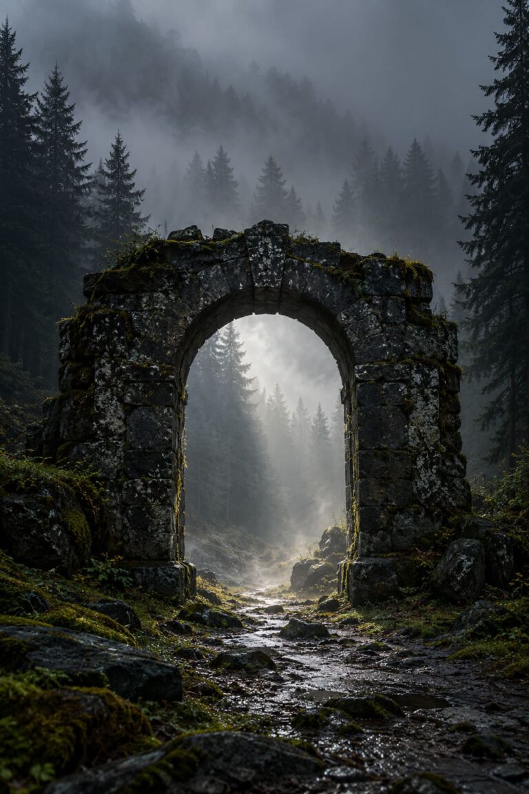 Fondo de pantalla aesthetic negro arco de piedra en bosque