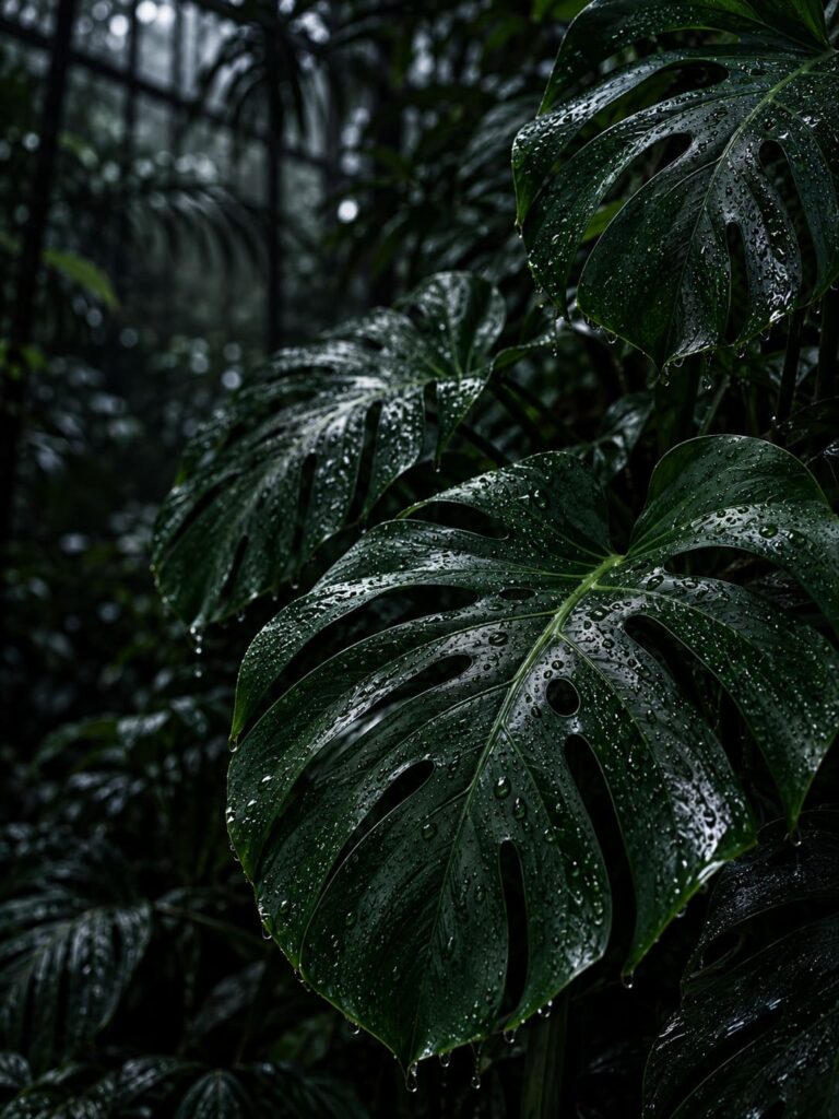 Fondo de pantalla aesthetic negro hojas tropicales lluvia