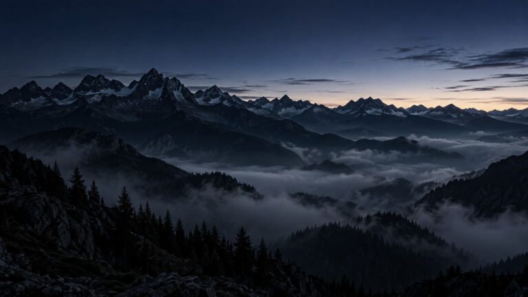 Fondo de pantalla aesthetic negro montanas sobre niebla