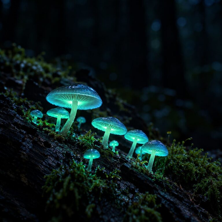Fondo de pantalla aesthetic negro setas bioluminiscentes