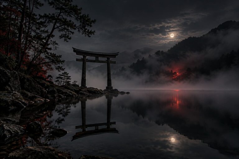 Fondo de pantalla aesthetic negro torii lago nocturno