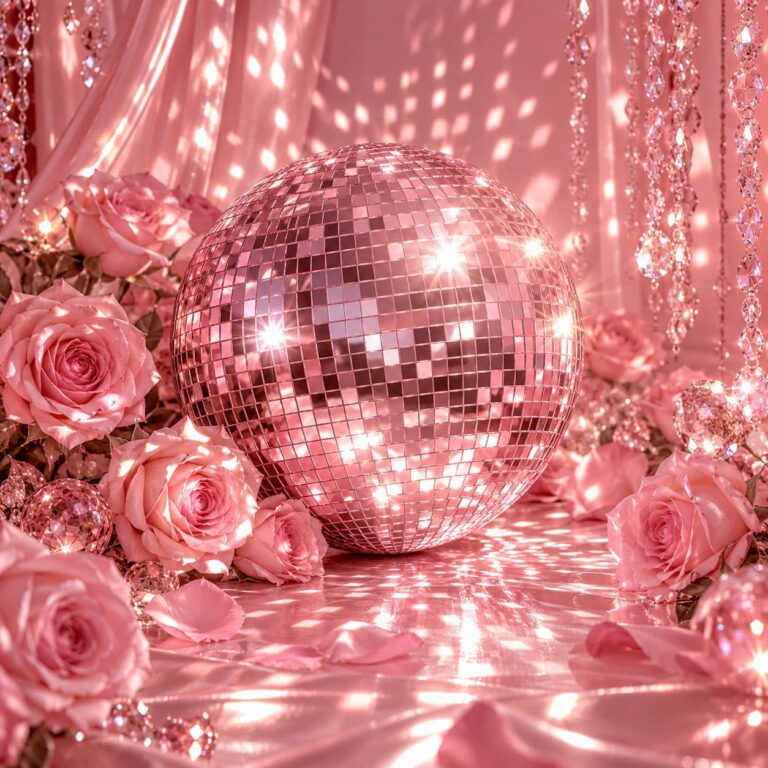 Fondo de pantalla aesthetic rosa bola de disco y rosas