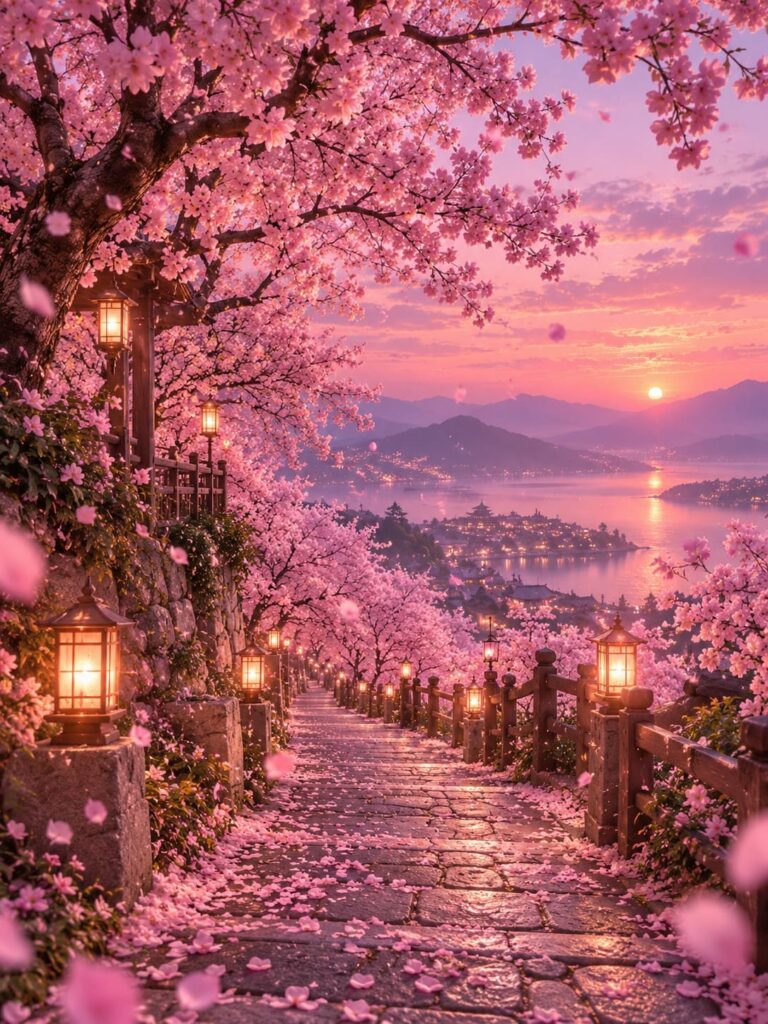 Fondo de pantalla aesthetic rosa cerezos lago