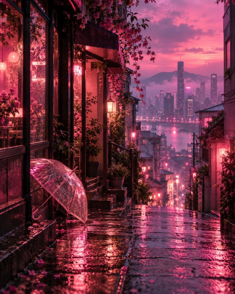 Fondo de pantalla aesthetic rosa ciudad lluvia