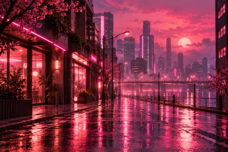 Fondo de pantalla aesthetic rosa ciudad neon bajo la lluvia