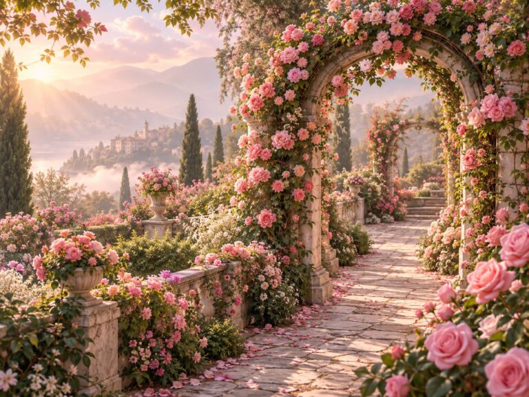 Fondo de pantalla aesthetic rosa jardin de rosas con arcos