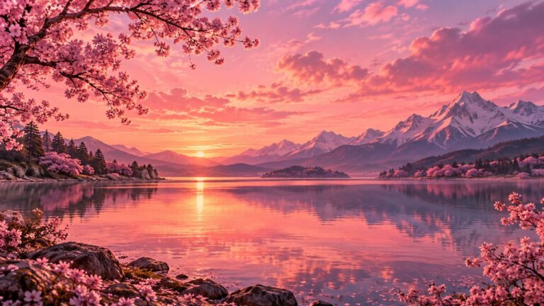 Fondo de pantalla aesthetic rosa lago montanas