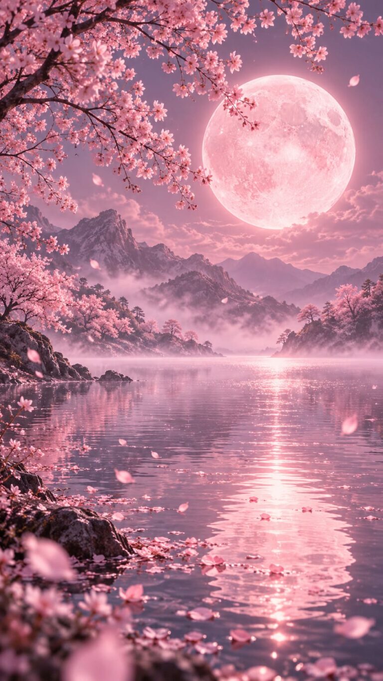 Fondo de pantalla aesthetic rosa luna cerezos