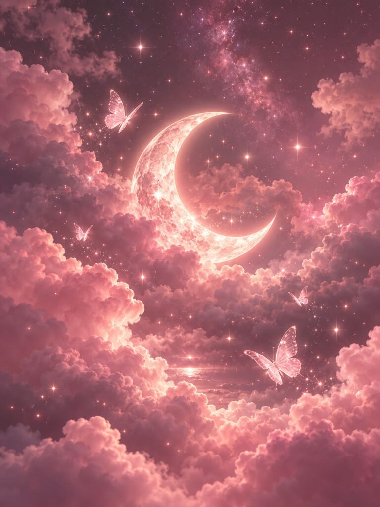 Fondo de pantalla aesthetic rosa luna creciente y mariposas