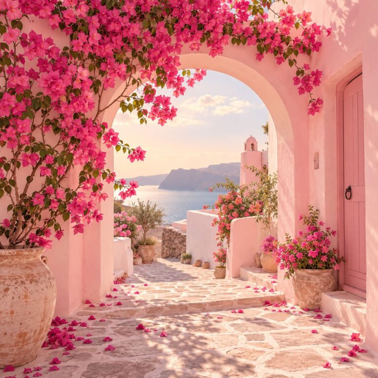 Fondo de pantalla aesthetic rosa patio con buganvillas